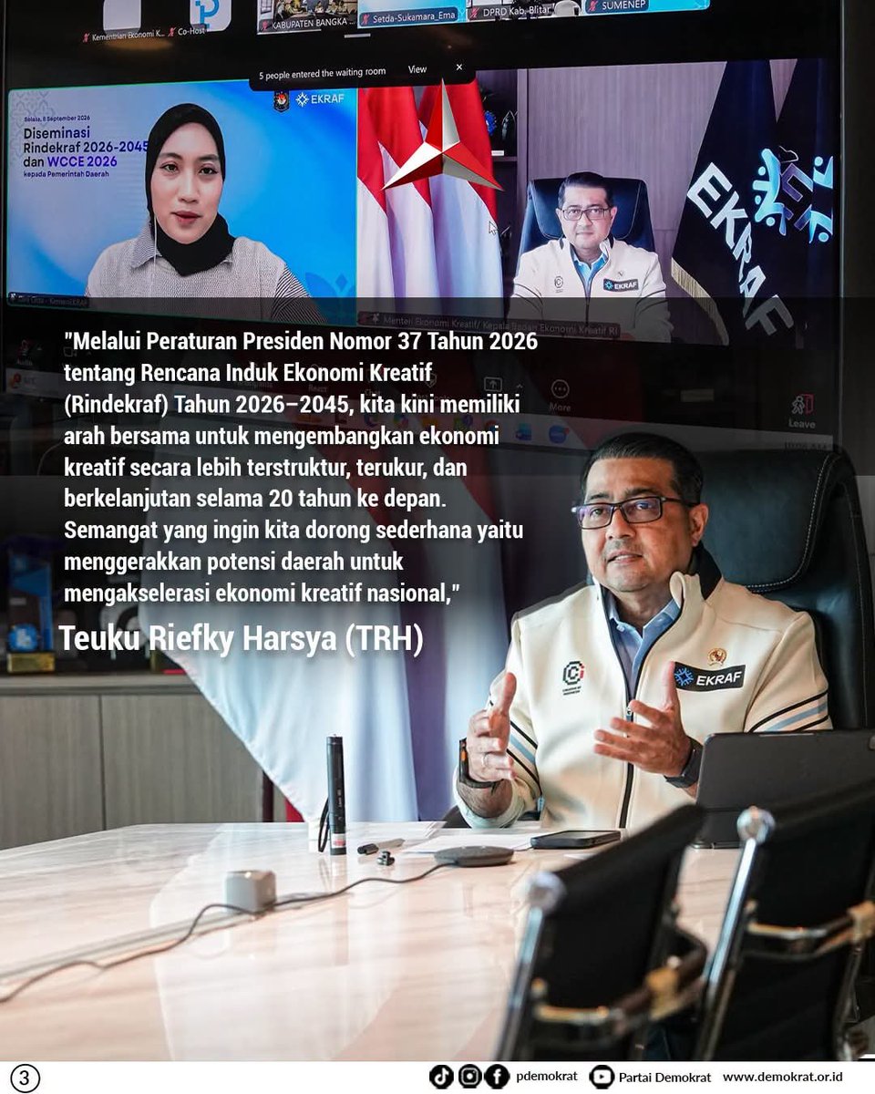 DPCDemokratLA's tweet photo. Menteri Ekonomi Kreatif/Badan Ekonomi Kreatif, Teuku Riefky Harsya, mendorong percepatan implementasi Rencana Induk Ekonomi Kreatif (Rindekraf) 2026–2045 melalui kolaborasi pemerintah pusat dan daerah.

#menekraf #teukuriefkyharsya #rindekraf #demokrat https://t.co/i3kIxnNgIP