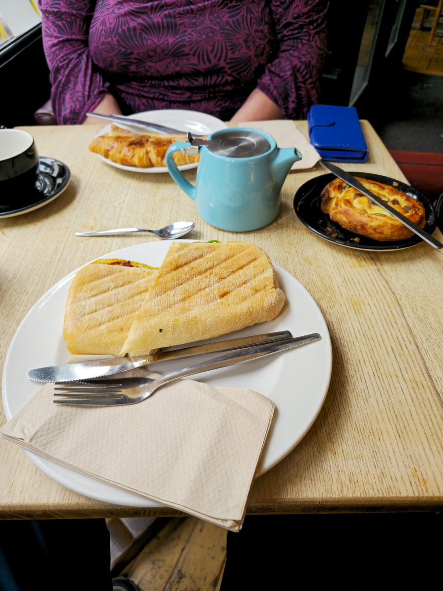 MartinPilkingt2's tweet photo. Breakfast in Coffee #1 before seeing the bits of the cathedral we didn'f see yesterday. Update on Alison: platform 1 Alison 0! Her cuts don't look too bad, her forehead is bruised but looks better, marginally, than yesterday.  But she does have two black eyes. https://t.co/wUO8UfwiXi