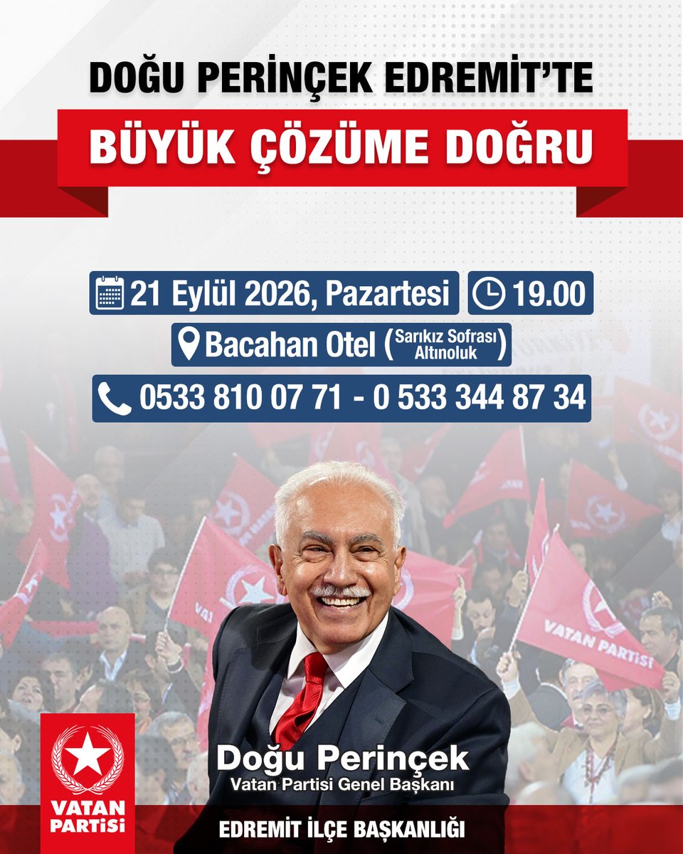 Dogu_Perincek's tweet photo. 21 Eylül Pazartesi günü saat 19.00'da Vatan Partisi Edremit İlçe Başkanlığımızın düzenlediği Büyük Çözüme Doğru buluşmasında Edremit'teki vatandaşlarımızla bir araya geleceğiz. https://t.co/DjYNOlgg70