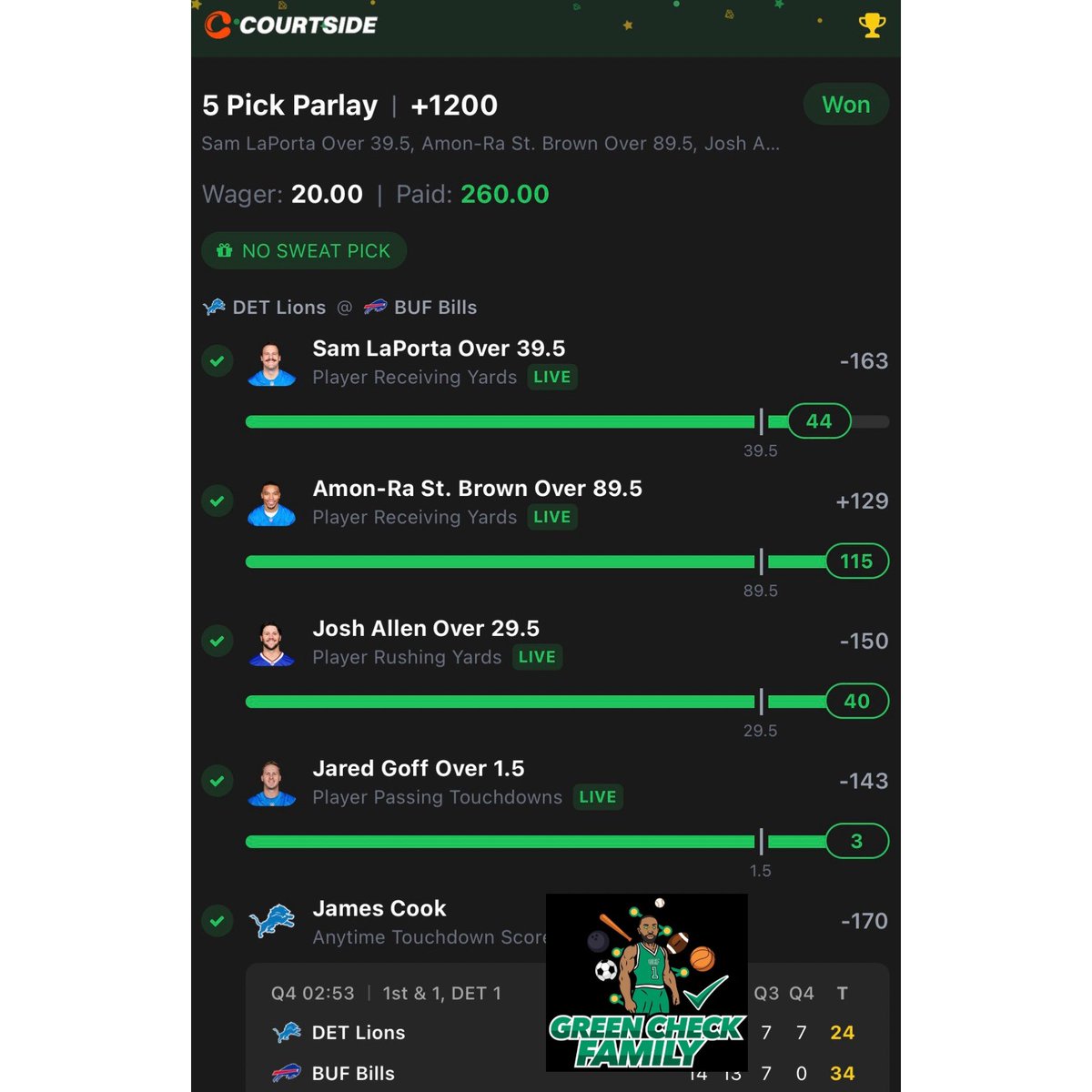 GCFdiscord's tweet photo. GCF with another masterclass at the NFL office today✅✅✅. Smacked on a couple parlays (DJ Moore injury rescue), multiple singles including two ladder 🪜 singles, and a MLB builder. Join our discord on WHOP for daily sports betting analytics and plays.

https://t.co/Qg5IjeUru7 https://t.co/KLfjy8ozj9
