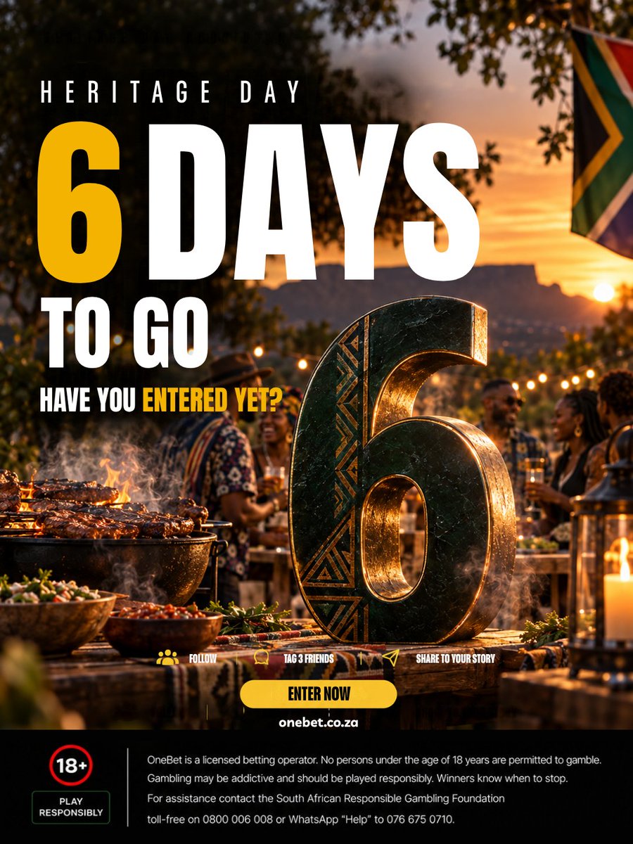 OneBet_SA's tweet photo. 🇿🇦🔥 6 DAYS TO GO UNTIL HERITAGE DAY!

Heritage Day is getting closer, Mzansi! 🇿🇦 Have you entered yet?

OneBet SA is celebrating Heritage Day with 3 prizes to be won, perfect for bringing people together for a proper South African braai. 🔥

🏆 PRIZES TO BE WON

🥇 1st Prize — The Ultimate Braai Feast
A premium meat package voucher to bring your Heritage Day celebration to life.

🥈 2nd Prize — The Braai Essentials
A Weber braai, complete with wood & Blitz for the perfect Heritage Day gathering.

🥉 3rd Prize — The Celebration Cooler
A stylish cooler box with a surprise prize waiting inside. 🎁

🔥 HOW TO ENTER

✅ FOLLOW @onebet_sa on Instagram.

👥 TAG 3 FRIENDS in the comments of our Heritage Day promo Reel — the three friends you’d love to braai with this Heritage Day.

📲 SHARE THE PROMO REEL TO YOUR INSTAGRAM STORY and tag @onebet_sa so we can see your entry.

Complete all 3 steps to enter.

Already entered? Tag your braai crew and make sure you’ve completed every step. 🇿🇦🔥

📅 Heritage Day — 24 September 2026

T&Cs apply. Competition eligibility, closing date, winner selection and notification are subject to the official competition terms.

#OneBetSA #HeritageDay #HeritageDay2026 #HeritageDayCompetition #BraaiDay #SouthAfrica #Mzansi #SouthAfricanHeritage #CompetitionSA #GiveawaySA

OneBet is a licensed betting operator. No persons under the age of 18 years are permitted to gamble. Gambling may be addictive and should be played responsibly. Winners know when to stop. For assistance, contact the South African Responsible Gambling Foundation toll-free on 0800 006 008 or WhatsApp “Help” to 076 675 0710.

Entertainment only • 18+ • Licensed by the WCGRB.
