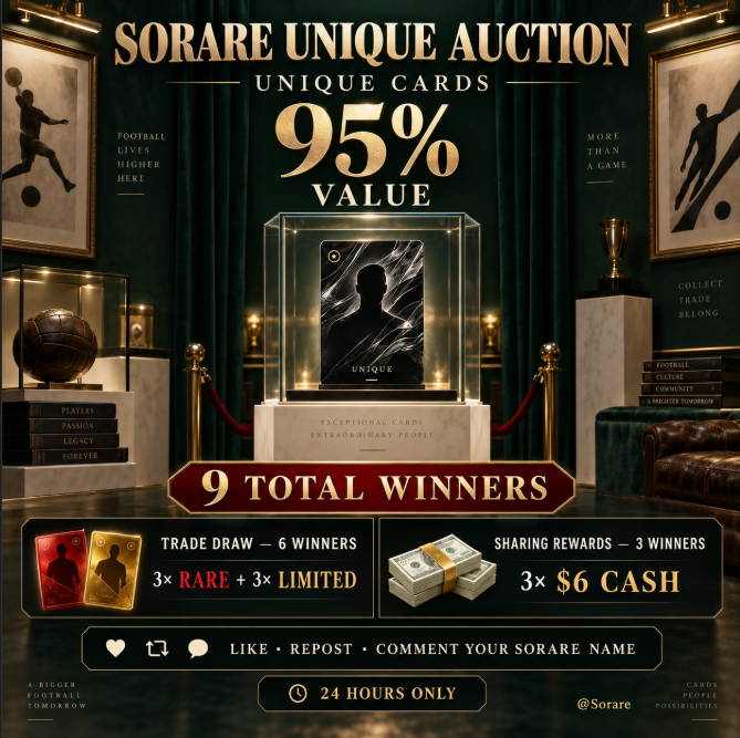 PawelTrader_'s tweet photo. 🏆 SORARE UNIQUE AUCTION 🏆

My Unique cards are available for only 95% of their value — every completed trade gives you one entry!

🎁 9 TOTAL WINNERS

🔴 Trade Draw: 3× Rare + 3× Limited
💵 Sharing Rewards: 3 winners — $6 cash each

To enter the Sharing Draw:

❤️ Like • 🔁 Repost • 💬 Comment your Sorare username

⏳ 24 hours only — unlock something Unique with @Sorare!
