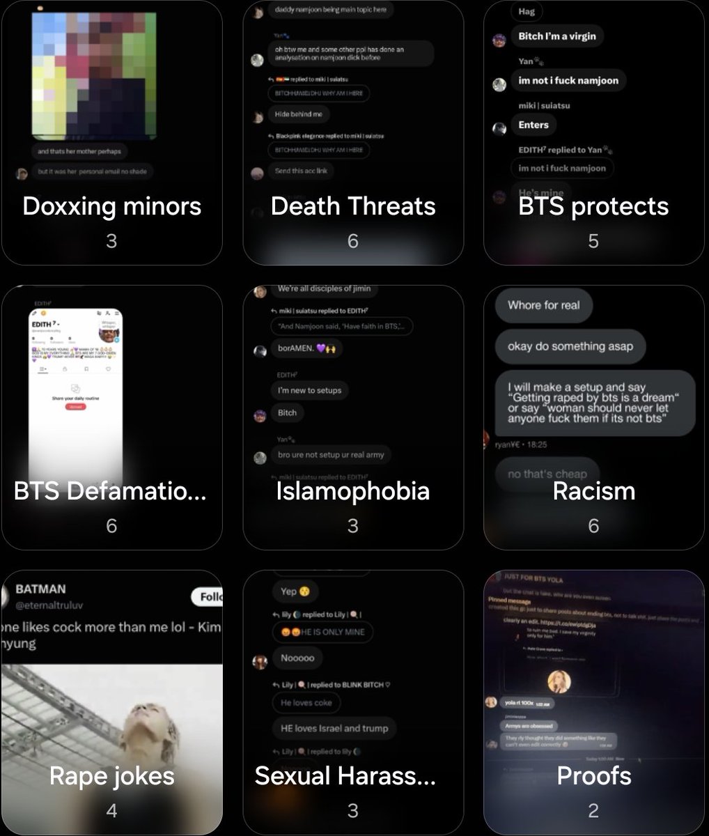 deBTSmustbepaid's tweet photo. EXPOSING GCs OF BLINKS &amp; K-POP STANS

— rape jokes
— sexual harassment
— death threats
— doxxing &amp; harassment of minors
— Islamophobic jokes &amp; remarks
— targeting BTS protection accounts
— coordinated setups against BTS &amp; ARMYs
— racism &amp; targeted harassment of BTS and Anok Yai🧵 https://t.co/k5rYG9KJaG