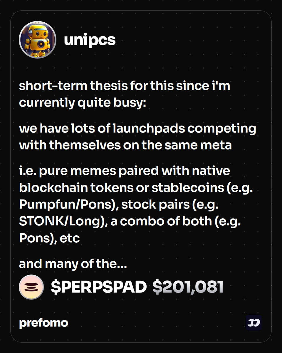 prefomo_fun's tweet photo. 💬 unipcs (#1 all-time on FOMO) just called $PERPSPAD with a $201K position

"short-term thesis for this since i'm currently quite busy: we have lots of launchpads competing with themselves on the same meta…"

PerPsCe2SJ7Q25CN4R5TTX4fmBdmknE2hQmqCt96fHL
https://t.co/zGFRHW5bWu https://t.co/uhJgCMSBoT