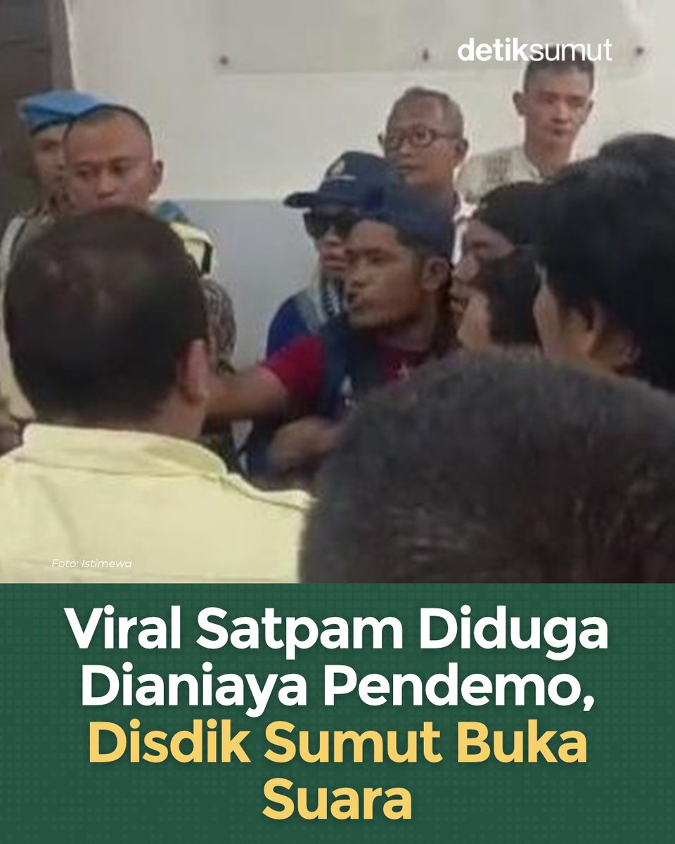 detiksumut_'s tweet photo. Video yang memperlihatkan dugaan penganiayaan terhadap petugas satuan pengamanan (satpam) oleh sekelompok massa aksi unjuk rasa di Kantor Dinas Pendidikan (Disdik) Sumatera Utara viral di media sosial.
#penganiayaan #satpam #disdiksumut #videoviral https://t.co/f0u5b5k3A7