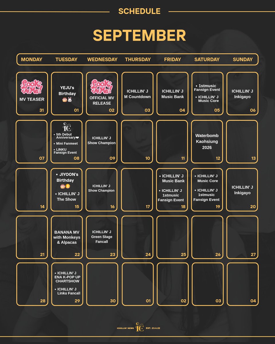 _willingly's tweet photo. ICHILLIN' — SEPTEMBER Schedule
We will be updating the schedule as soon as more events are confirmed.
—
©️ if used, please credit us
—
#ICHILLIN #WILLING #SCHEDULE #SEPTEMBER https://t.co/JTGPIQ8uSP