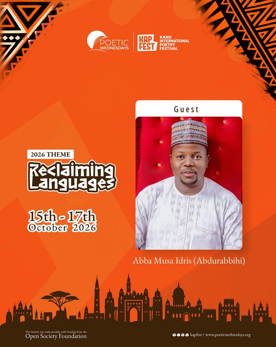 Kanopoetryfest's tweet photo. We’re happy to welcome Abdurrabihi to #KAPFEST26!

A multifaceted creative working at the intersection of language, media and communications, Abdurrabihi brings a unique creative energy of this year’s festival.

Please get your tickets and register to join us using this link: https://t.co/kB30EElI7m

15–17 October 2026 | Kano