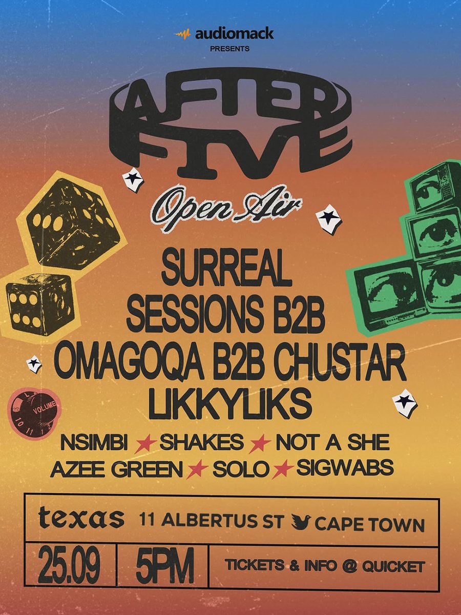 QuicketSA's tweet photo. After Five | Cape Town Block Party

What the city does when it clocks out! Amapiano, house &amp; gqom, surprise shot clocks, games, and non-stop dance floor vibes.

A playground for the grown and curious. Come play!

Grab tickets here: https://t.co/S0ao2H3YFp https://t.co/zyvIOM4lLQ