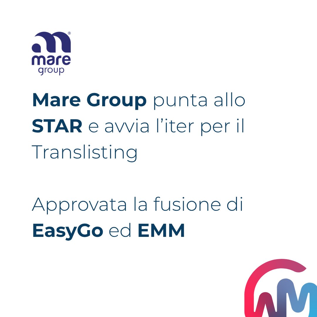 twin_services's tweet photo. #MareGroup punta allo #STAR e accelera il percorso di crescita e integrazione. Approvato poi il progetto di #fusione per incorporazione di #Easygo ed #EMMSystems in Mare Group.
CS: https://t.co/ryZjF6a5RE https://t.co/nC1WmnPxCL