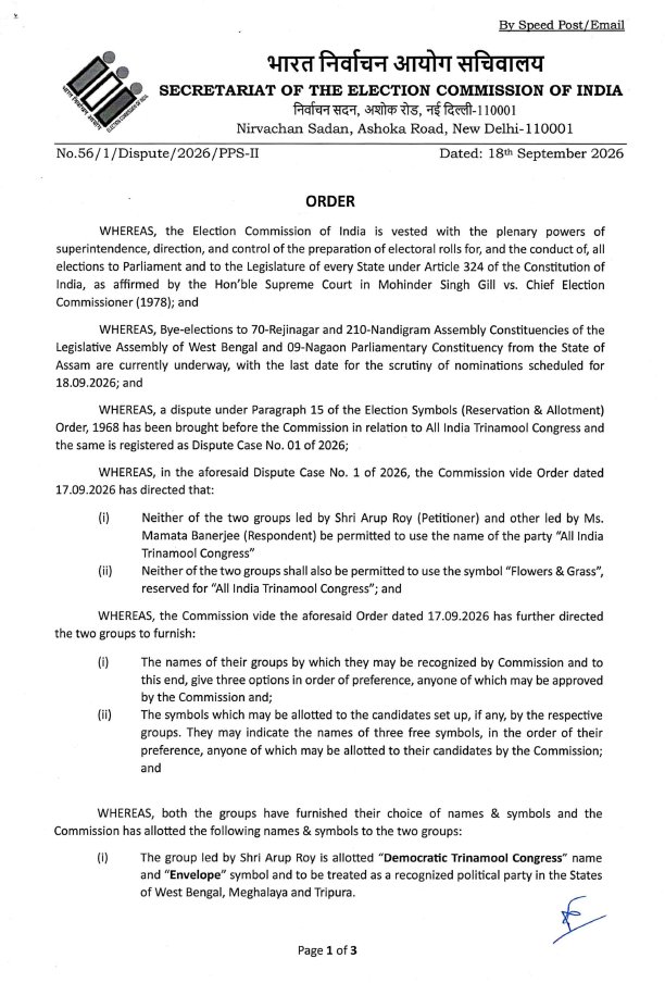 ANI's tweet photo. Mamata Banerjee led Trinamool Congress allotted the name 'Mamata All India Trinamool Congress' and the symbol 'Football Player', to be treated as a recognized political party in the States of West Bengal, Meghalaya and Tripura

The group led by Arup Roy is allotted the name 'Democratic Trinamool Congress' and the symbol of 'Envelope'