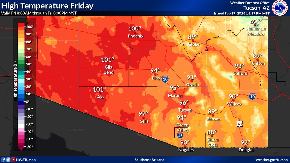 Map of high temperatures across southeast Arizona.