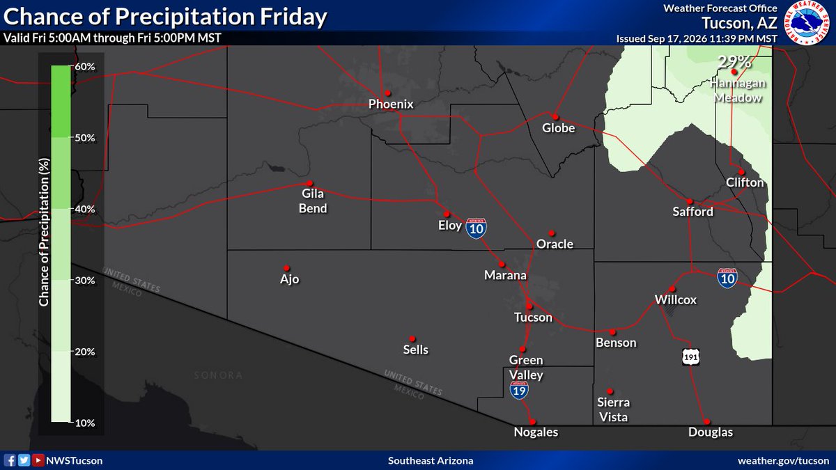 Map of precipitation chances across southeast Arizona today.