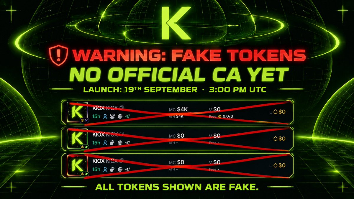 kioxfun's tweet photo. KIOX has NOT launched yet.

There is currently NO official Contract Address (CA).

Any token claiming to be the official KIOX token before the launch is FAKE.

The official CA will be shared in our Telegram group first:

https://t.co/Y0ywFmnj0V

Official launch:
📅 19th September
⏰ 3:00 PM UTC
🌐 Robinhood Chain

Wait for the official CA announcement.

Verify before you trade.