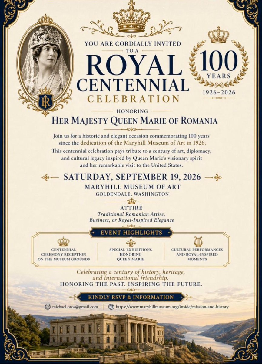 CG_RO_LA's tweet photo. We are delighted to invite you to t/“Royal Centennial Celebration,” an event dedicated to Her Majesty Queen Marie of 🇷🇴, marking the 100th anniversary of Maryhill Museum of Art.
📅September 19, 2026
📍Maryhill Museum of Art, Goldendale, WA
 ✉️Info &amp; RSVP:michael.oros@gmail.com https://t.co/RY1q3qoTyK