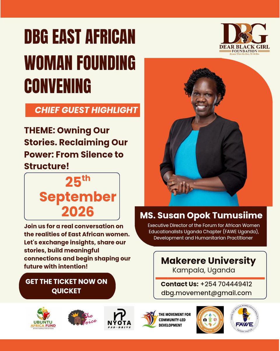 DBG_Movement's tweet photo. 🌍 MEET OUR CHIEF GUEST | DR. SUSAN OPOK TUMUSIIME 

📍 Makerere University, Kampala
📅 25 September 2026
🎯 Owning Our Stories. Reclaiming Our Power: From Silence to Structure.

🎟️ Get your ticket:
https://t.co/OginWfEoX1

Invest in her future. The journey begins here. https://t.co/dvaiWx2j6k