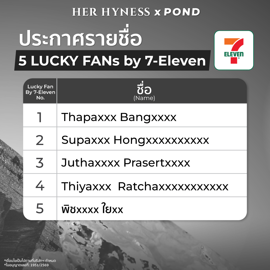 HerHynessBeauty's tweet photo. มาแล้วววค่า 🤍 ประกาศรายชื่อ 🤟🏼10 TOP FANS ,35 LUCKY FANS และ 5 LUCKY FANS by 7-Eleven ที่จะได้มาเข้าร่วมสัมผัสประสบการณ์ใกล้ชิดกับ ปอนด์ ณราวิชญ์ และ Her Hyness พร้อมรับสิทธิพิเศษมากมายภายในงาน✨
📅วันที่ 24 ก.ย. 69 
📍CentralWorld โซน Eden ชั้น 1 

ขอแสดงความยินดีกับผู้โชคดีทุกท่านด้วยนะค้าา 😍🥳

📌รายละเอียดการยืนยันสิทธิ์
📢ผู้ได้รับการประกาศรายชื่อ Top Fans 10 ท่าน, Lucky fans 35 ท่าน และ LUCKY FANS by 7-Eleven 5 ท่าน 
📲สามารถยืนยันตัวตนและสิทธิ์การเข้าร่วมงานผ่าน Customer Service ทาง LINE Official Account Her Hyness แอดไลน์ @herhyness ได้ตั้งแต่วันที่ 18 กันยายน 2569 เวลา 18.00 ถึงวันที่ 21 กันยายน 2569 เวลา 18.00 น. โดยถือเป็นอีกหนึ่งช่องทางในการยืนยันสิทธิ์

🤍สิทธิ์การเข้าร่วมงานจะสมบูรณ์ต่อเมื่อผ่านการตรวจสอบและได้รับการยืนยันจาก Customer Service แล้ว ทั้งนี้ สำหรับผู้ที่ได้ดำเนินการยืนยันสิทธิ์ผ่านช่องทางดังกล่าวเรียบร้อยแล้ว 
**โดยทางทีมงานจะไม่ดำเนินการโทรติดต่อเพื่อยืนยันสิทธิ์ซ้ำอีกครั้งในวันที่ 19 กันยายน 2569 - 21 กันยายน 2569🌟
📞ทีมงานจะโทรติดต่อผู้โชคดีผ่านหมายเลขโทรศัพท์ที่ได้ลงทะเบียนไว้ในวันที่ 19 กันยายน 2569 - 21 กันยายน 2569 จำนวน 5 ครั้ง ต่อ 1 ท่าน หากไม่สามารถติดต่อได้ภายในจำนวนครั้งหรือระยะเวลาที่กำหนด จะถือว่าสละสิทธิ์และขอให้สิทธิ์แก่ผู้โชคดีในลำดับถัดไปแทน

📌การจัดที่นั่งภายในงาน
🩷TOP FANS จำนวน 1 ท่าน 
• จะได้รับที่นั่งแถวหน้าสุดของงาน
🩷LUCKY FANS จำนวน 35 ท่าน 
• ลำดับที่นั่งจะเรียงตามลำดับ LUCKY FAN ที่ถูกประกาศ โดยผู้ที่ถูกจับเป็นลำดับที่ 1 จะได้รับที่นั่งหมายเลข 11 
และเรียงตามลำดับไปจนถึงลำดับสุดท้าย 
• ที่นั่งโซนนี้จะอยู่ถัดจาก TOP FANs 10 ท่าน
🩷LUCKY FANS by 7-Eleven
• ลำดับที่นั่งจะเรียงตามลำดับ LUCKY FAN by 7-Eleven ที่ถูกประกาศ โดยผู้ที่ถูกจับเป็นลำดับที่ 1 จะได้รับที่นั่งหมายเลข 36 
และเรียงตามลำดับไปจนถึงลำดับสุดท้าย 
• ที่นั่งโซนนี้จะอยู่ถัดจากผู้โชคดี LUCKY FANS 35 ท่าน
• กรณีมีผู้สละสิทธิ์

รายชื่อสำรองจะถูกเลื่อนขึ้นมาแทนตามลำดับการจับฉลาก
ในวันที่ 24 ก.ย. 69 ผู้โชคดีทุกคนจะต้อง..
- เตรียมบัตรประชาชน หรือ พาสปอร์ต (หรืออื่นๆ) **ตัวจริงเท่านั้น** มาแสดงเพื่อเป็นหลักฐานในการเข้าร่วมงาน โดยที่ชื่อ-นามสกุลจะต้องตรงกันกับชื่อที่ลงทะเบียนเอาไว้เท่านั้น ไม่สามารถโอนสิทธิ์ให้แก่ผู้อื่นได้
* รายชื่อผู้โชคดีทั้งหมดได้ผ่านการตรวจสอบและยืนยันความถูกต้องตามเงื่อนไขกิจกรรมเรียบร้อยแล้ว
* ใบอนุญาตเลขที่ 1951/2569
* เงื่อนไขเป็นไปตามที่บริษัทฯ กำหนด
* ทางบริษัทฯ ขอสงวนสิทธิ์ให้ผู้เข้าร่วมกิจกรรม 1 ท่าน มีสิทธิ์ได้รับรางวัลสูงสุดเพียง 1 รางวัลเท่านั้น
* สิทธิ์ที่ได้รับไม่สามารถเปลี่ยนแปลงเป็นรางวัลอื่น และไม่สามารถโอนสิทธิ์ให้กับผู้อื่นได้

#HerHynessxPond #HerHynessมาส์กเดียวที่ปอนด์เลือก #HerHyness #No1CleanBeauty
