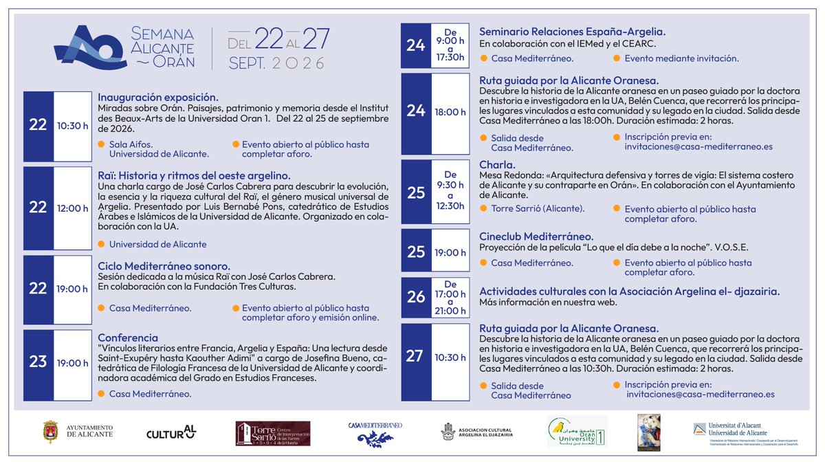 csmediterraneo's tweet photo. Alicante y Orán, dos ciudades unidas por el Mediterráneo Del 22 al 27 de septiembre, la Semana Alicante-Orán vuelve a poner en valor los vínculos históricos, culturales y académicos que unen a ambas orillas. https://t.co/8wLvzTDzCi