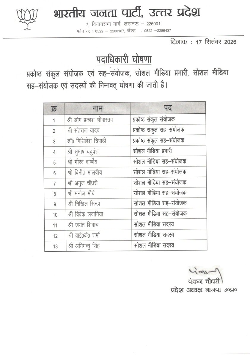 BJP4UP's tweet photo. भारतीय जनता पार्टी, उत्तर प्रदेश के नवनियुक्त प्रकोष्ठ संकुल संयोजक एवं सह-संयोजक, सोशल मीडिया प्रभारी, सोशल मीडिया सह-संयोजकों एवं सदस्यों को हार्दिक बधाई एवं शुभकामनाएं। https://t.co/RNflGcwiVb
