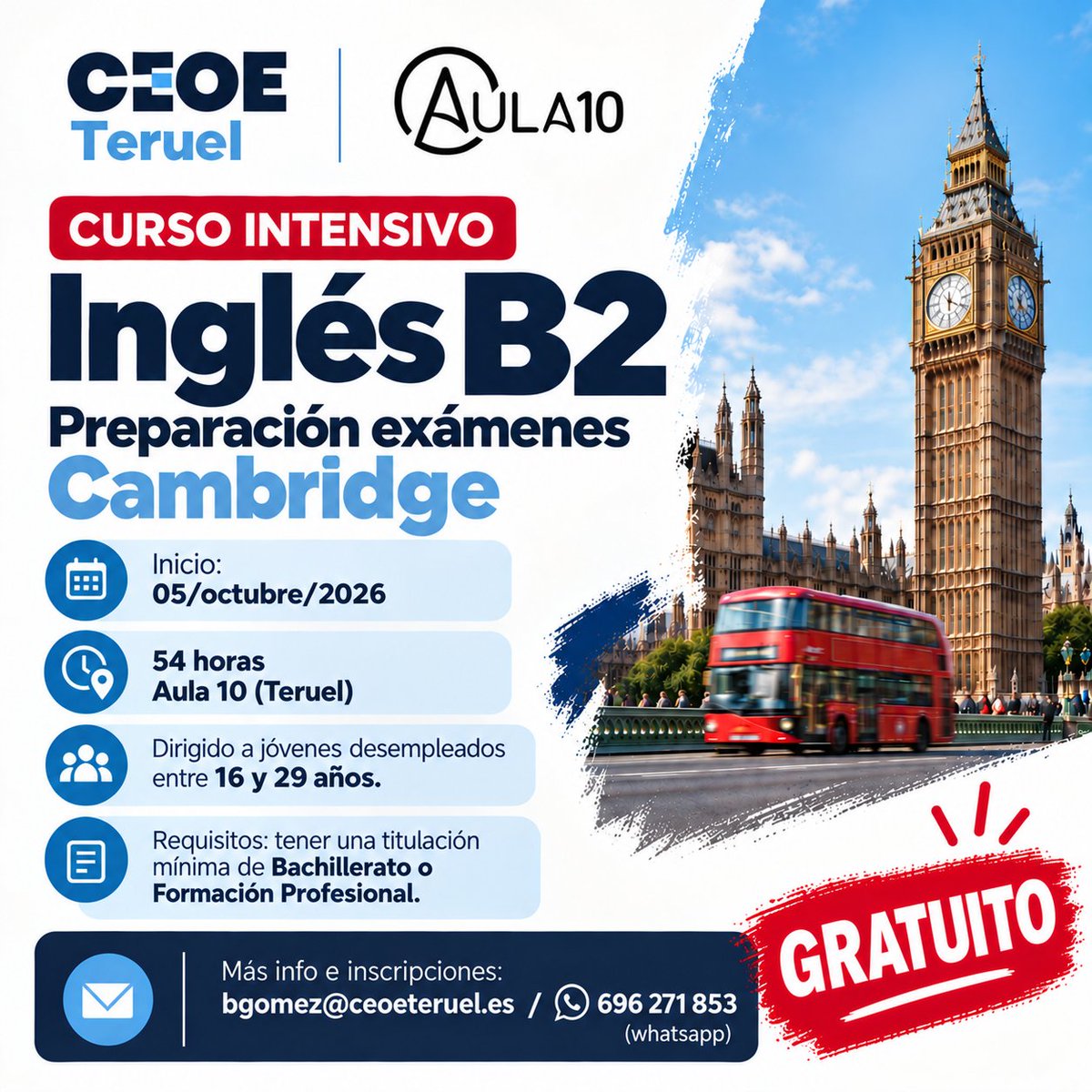 CEOE_Teruel's tweet photo. ¡Mejora tu nivel de inglés y prepárate para obtener el B2!
Curso Intensivo de Inglés B2, preparación exámenes Cambridge.
📩 Más información e inscripciones: bgomez@ceoeteruel.es
📱 696 271 853 (WhatsApp)
¡Plazas limitadas! No dejes pasar esta oportunidad.

#InglésB2 #Inglés #B2 https://t.co/KvMGCNcM5l