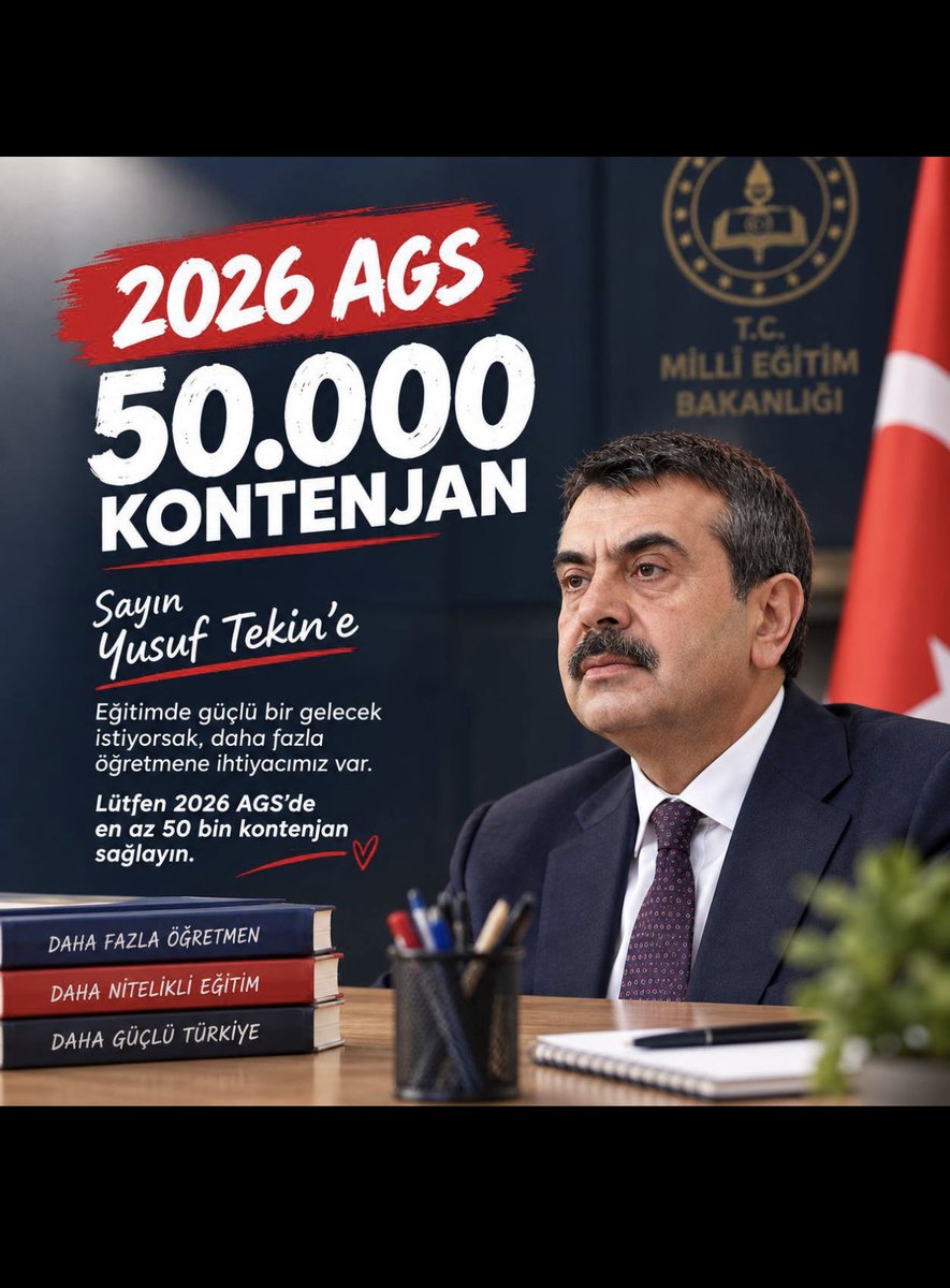 AysegulOzipek1's tweet photo. @Yusuf__Tekin Boş kalan sınıflarımız, sabırsızlıkla öğretmenini bekleyen evlatlarımız var. Umutlarımızın gerçeğe dönmesi, eğitim ailemizin büyümesi adına 2026 AGS için 50 bin kontenjan müjdesini saygılarımızla talep ediyoruz.
@Yusuf__Tekin @RTErdogan @oktay_saral @cbsbb @memetsimsek https://t.co/KTrFUvTq1f