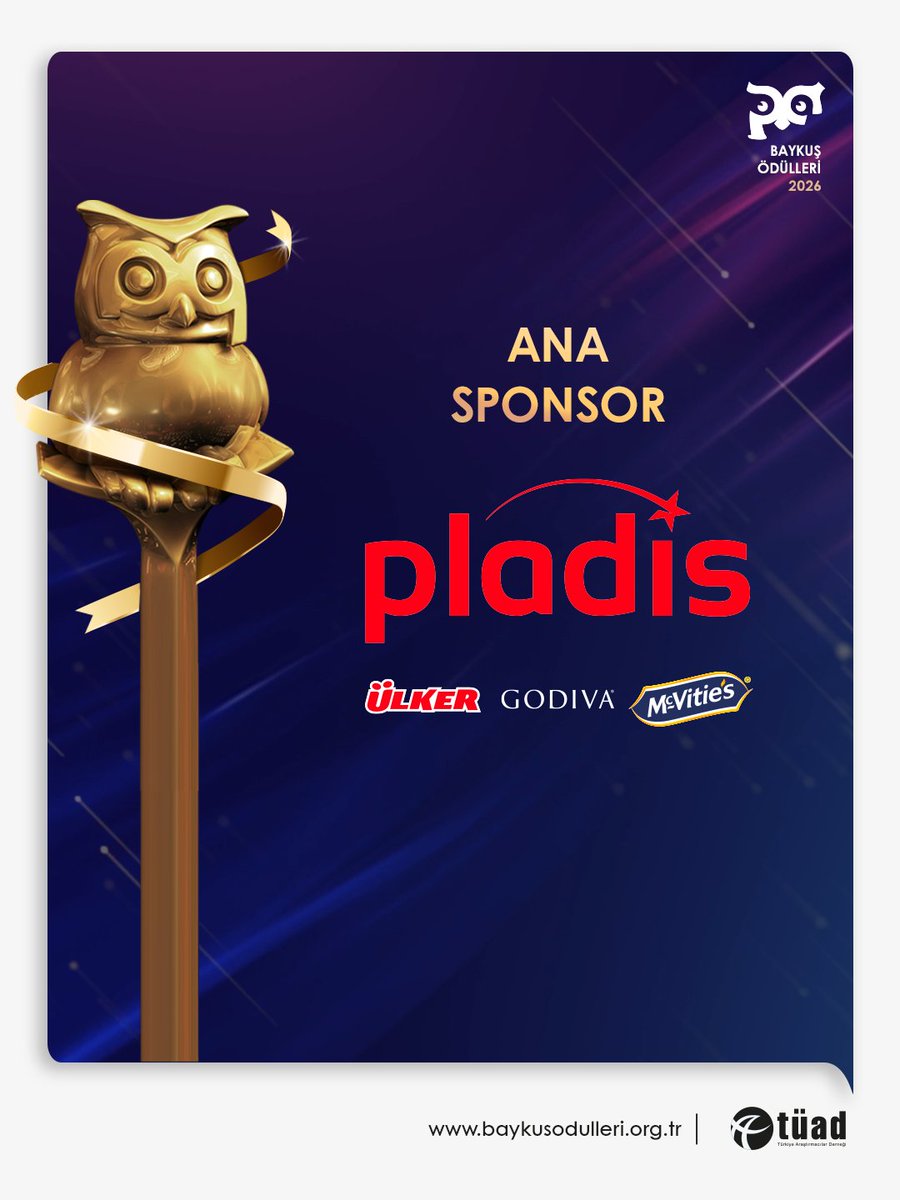 TrArasDernegi's tweet photo. 14. Baykuş Ödülleri'ne "Ana Sponsor" olarak katkı sağlayan @pladis_Global 'e teşekkür ederiz. #BaykuşÖdülleri2026 #Tüad https://t.co/DoEzNYJyJd