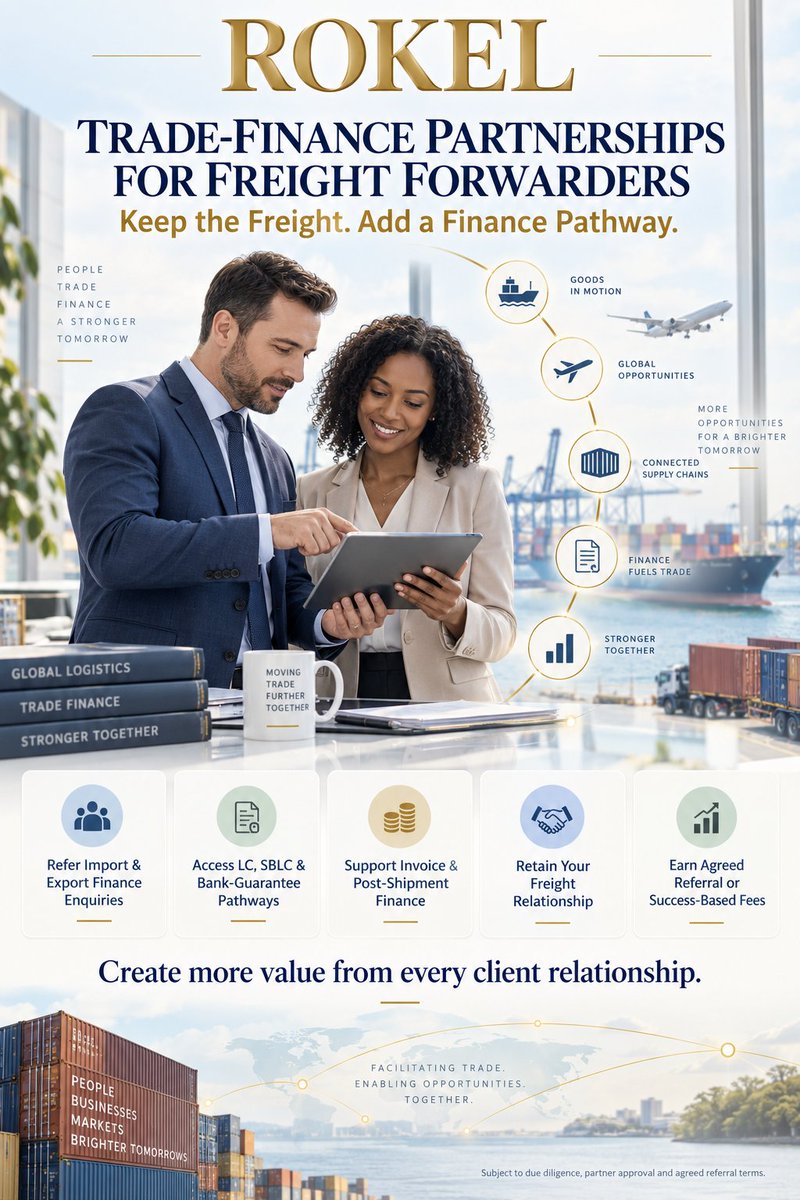 rokelshipping's tweet photo. ๐ข TRADE-FINANCE PARTNERSHIPS FOR FREIGHT FORWARDERS
#Rokel #FreightForwarders #TradeFinance #LogisticsPartnership #ImportFinance #ExportFinance #LettersOfCredit #SupplyChainFinance #RAPN #GlobalTrade https://t.co/LIJTUIGc9e