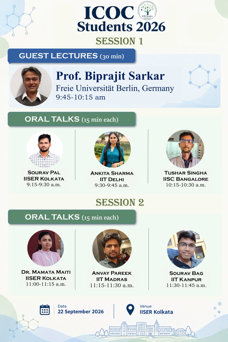 ICOC_Students's tweet photo. 🧪 The line-up is here! 🔥

ICOC Students 2026 is bringing together exciting scientific minds of ideas, discoveries &amp; discussion! ⚗️✨

🔬 Student Research Talks
💡 Fresh perspectives. New chemistry.

📅 22–23 September 2026
📍 IISER Kolkata
🔗Visit us: https://t.co/pFRUfSCh67 https://t.co/SpxhwjWbcR