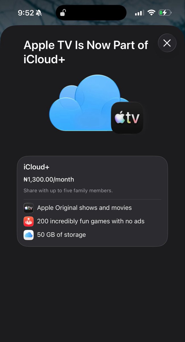 Olamide0fficial's tweet photo. Apple TV is now available in Nigeria to all paid iCloud+ subscribers for N1300 per month. 

• Movie/Shows
• 200 Games
• 50 GB Storage https://t.co/JnTxntidxL