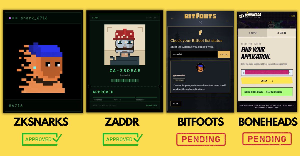 naxweb3's tweet photo. 4 Zcash $ZEC projects Im focused on right now

@zksnarks_ — approved, already revealed
@zaddrnet — approved, applications still open
@BITFOOTS_ — pending, closes Monday 2PM UTC
@BoneHeadzec — pending, Whitelist still open

Two in, two waiting. If you've been meaning to apply, Bitfoots is the one with a deadline and they've said no exceptions.

Which ones have you been approved for?