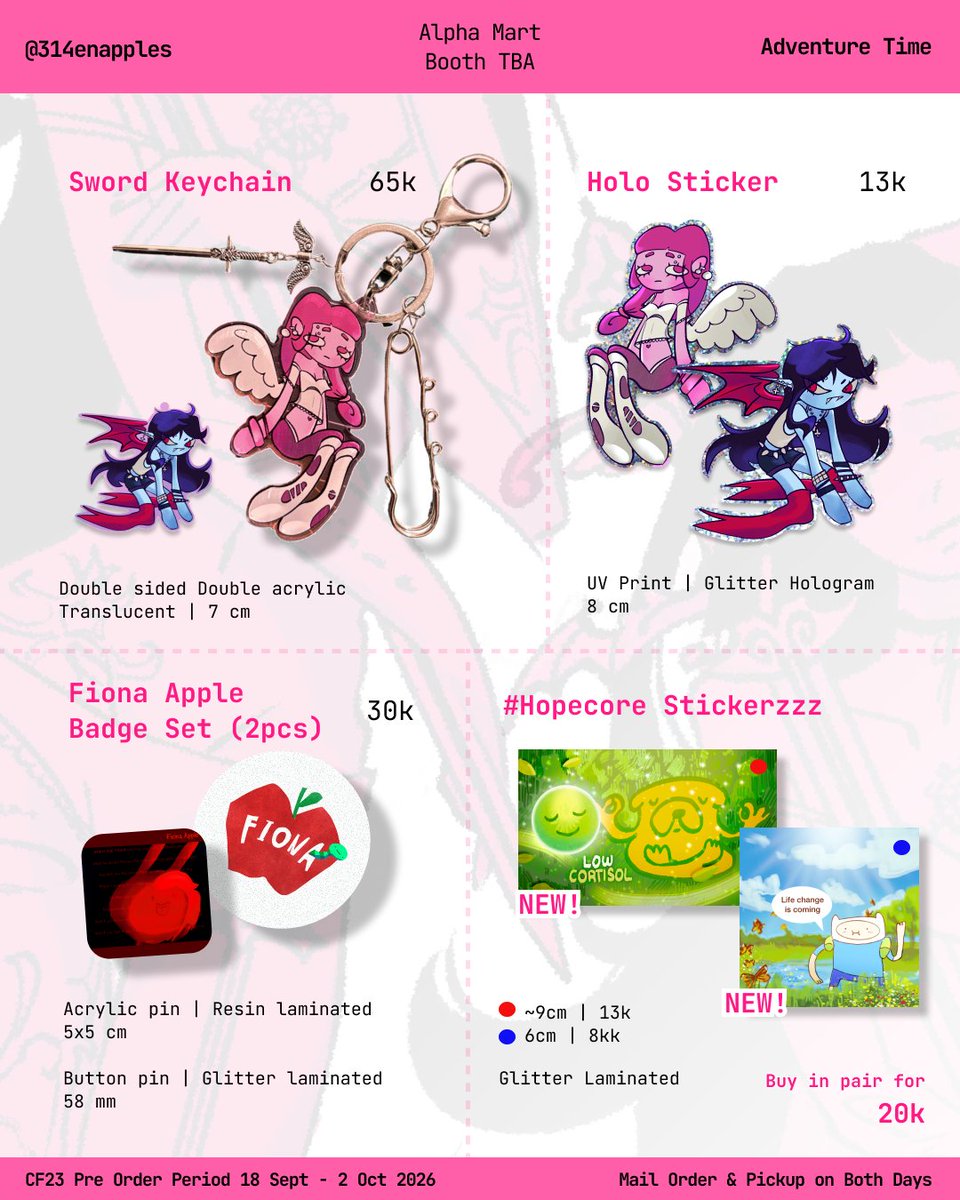 314enapples's tweet photo. 🤍/�� appreciated!
⋆˚꩜｡ pre order catalog for #cf23 ⋆˚꩜｡
PO period 18 sept-2 oct 2026
mail order or pickup on both days

⋆˚꩜｡ Genshin (sandbina, nodkrai), Adventure Time (bubbline), and more!

🌎 GO pls dm first!
🔗 form in replies 

#cf23catalogue #comifuro23 (1/2) https://t.co/SKASdKPFqF