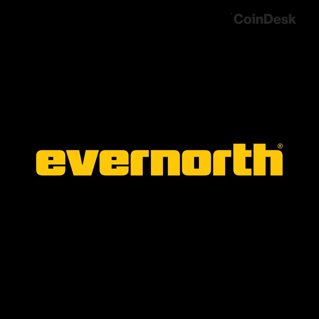 Yellow Evernorth wordmark on a black background, with a small CoinDesk logo in the upper-right corner.