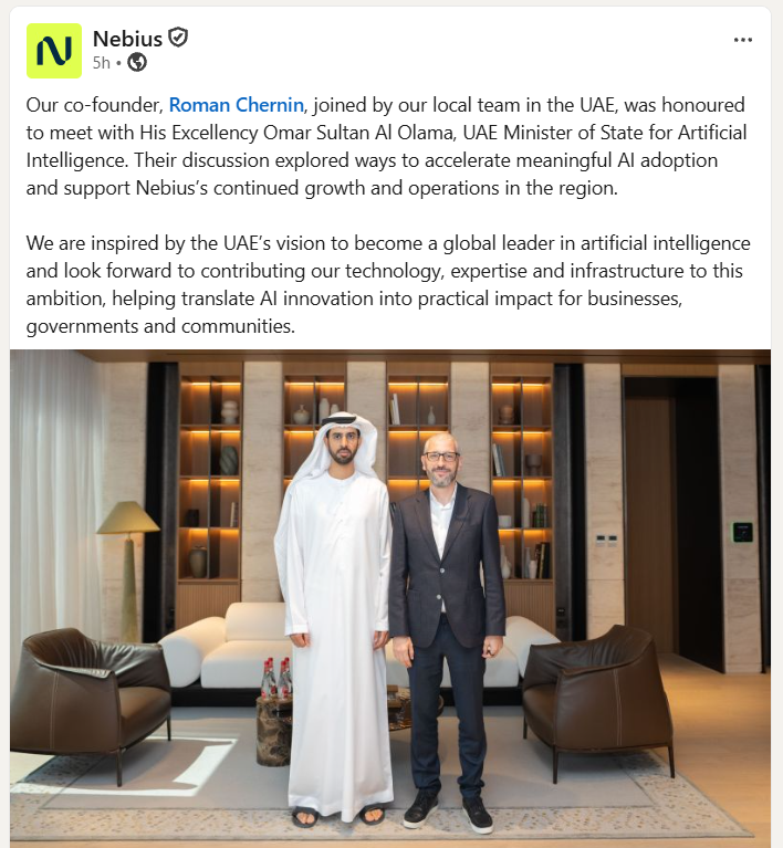 mvcinvesting's tweet photo. $NBIS is making moves in the UAE. 🇦🇪👀

The team met with the Minister of State for AI to discuss scaling AI adoption and supporting the company's expansion across the region. https://t.co/jA9aTCmBY0