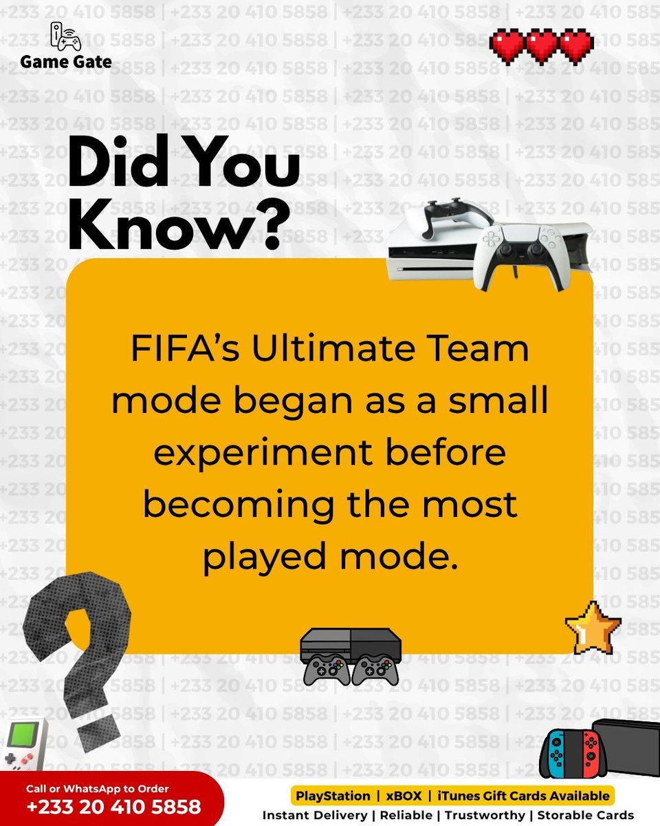 GameGateGh's tweet photo. FIFA’s Ultimate Team mode began as a small experiment before becoming the most played mode.
#PlayStation #xbox #psn #gamers #gaming #ghana #GhanaGamers #GiftCards #PlayStationGhana #XboxGhana #NintendoGhana #GamingGhana #InstantDelivery #GiftCardGhana #GhanaGaming #PSNGhana https://t.co/1YffRxVKBR