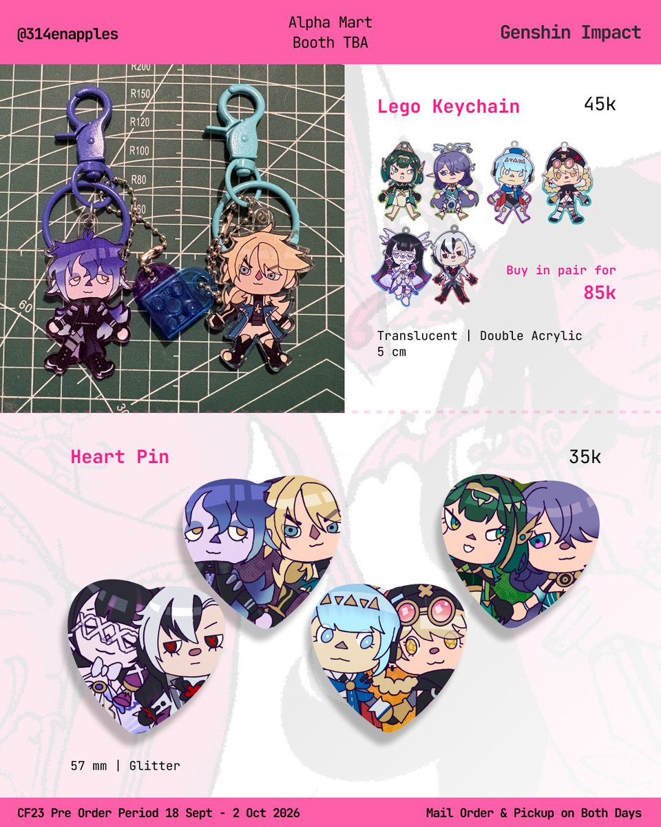 314enapples's tweet photo. 🤍/�� appreciated!
⋆˚꩜｡ pre order catalog for #cf23 ⋆˚꩜｡
PO period 18 sept-2 oct 2026
mail order or pickup on both days

⋆˚꩜｡ Genshin (sandbina, nodkrai), Adventure Time (bubbline), and more!

🌎 GO pls dm first!
🔗 form in replies 

#cf23catalogue #comifuro23 (1/2) https://t.co/SKASdKPFqF
