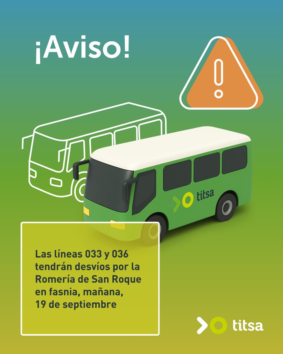 titsa's tweet photo. 📣 Aviso: Las líneas 033 y 036 estarán desviadas mañana, 19 de septiembre, con motivo de la Romería de San Roque en Fasnia.

Información completa en https://t.co/VFY13V26j4 https://t.co/PzPm5hVRgV