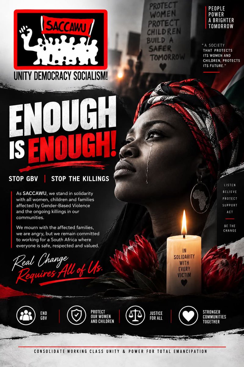_cosatu's tweet photo. Enough is Enough!
'We stand in solidarity against GBV and the killing of women and children', declares #SACCAWU
βπ½β€οΈπ€
#NoToGenderBasedViolence
#NoToHarassment
#NoToRape
#Yes2FreeSpaces @MorningLiveSABC @SAfmRadio @ewnupdates @Powerfm987 @eNCA @MDNnewss @SAPoliceService https://t.co/k2kMDNoAQa