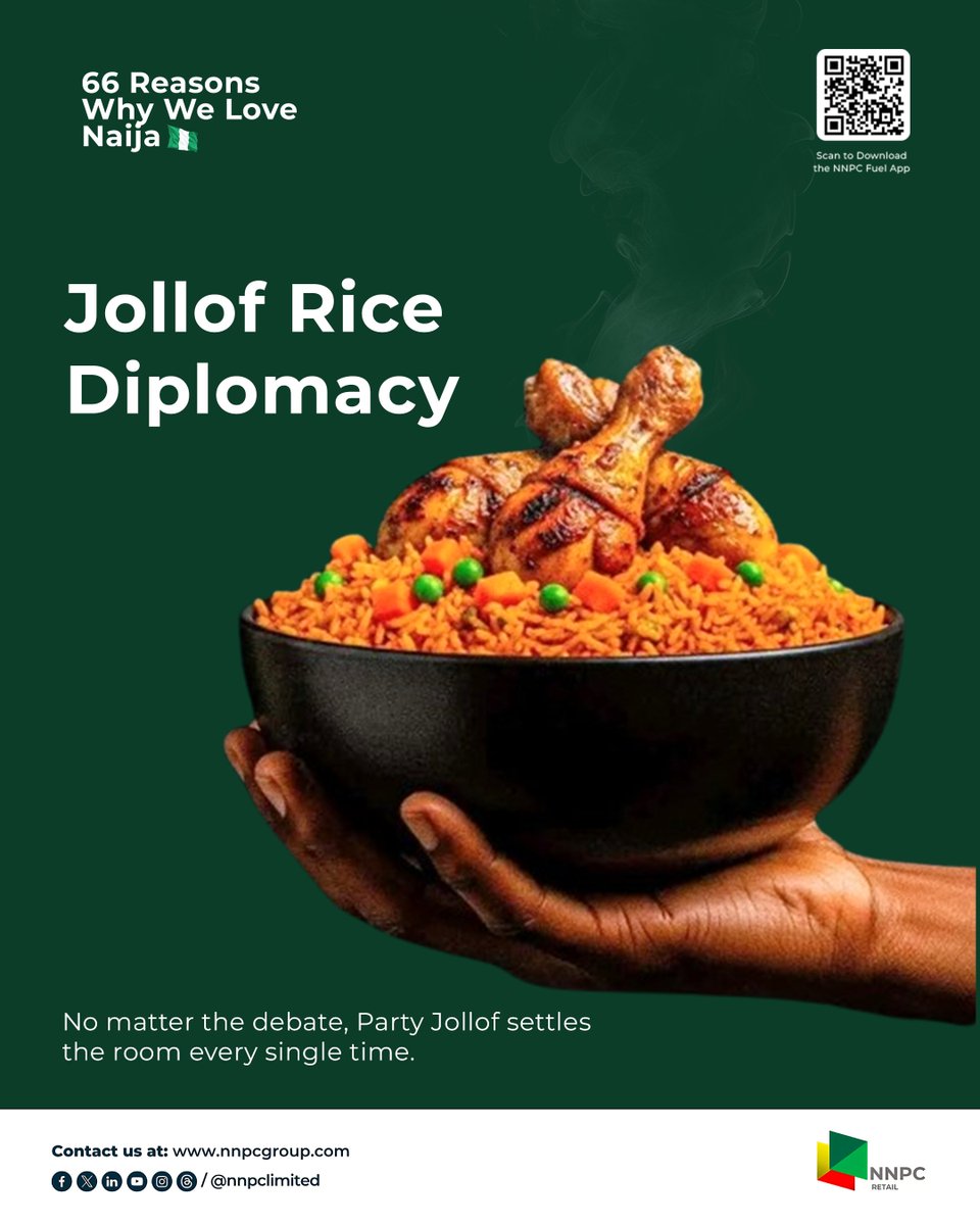 nnpclimited's tweet photo. Party jollof settles every argument. Smoky, slightly burnt at the bottom, you name it. There is no contest here.
 
Download the NR Fuel App by scanning the QR code or visit https://t.co/NPVnY1sp5r today.
 
#NNPCNaija66 
#FuelTheFreedom 
#EnergyForToday 
#EnergyForTomorrow https://t.co/Stw0CkJ7GL