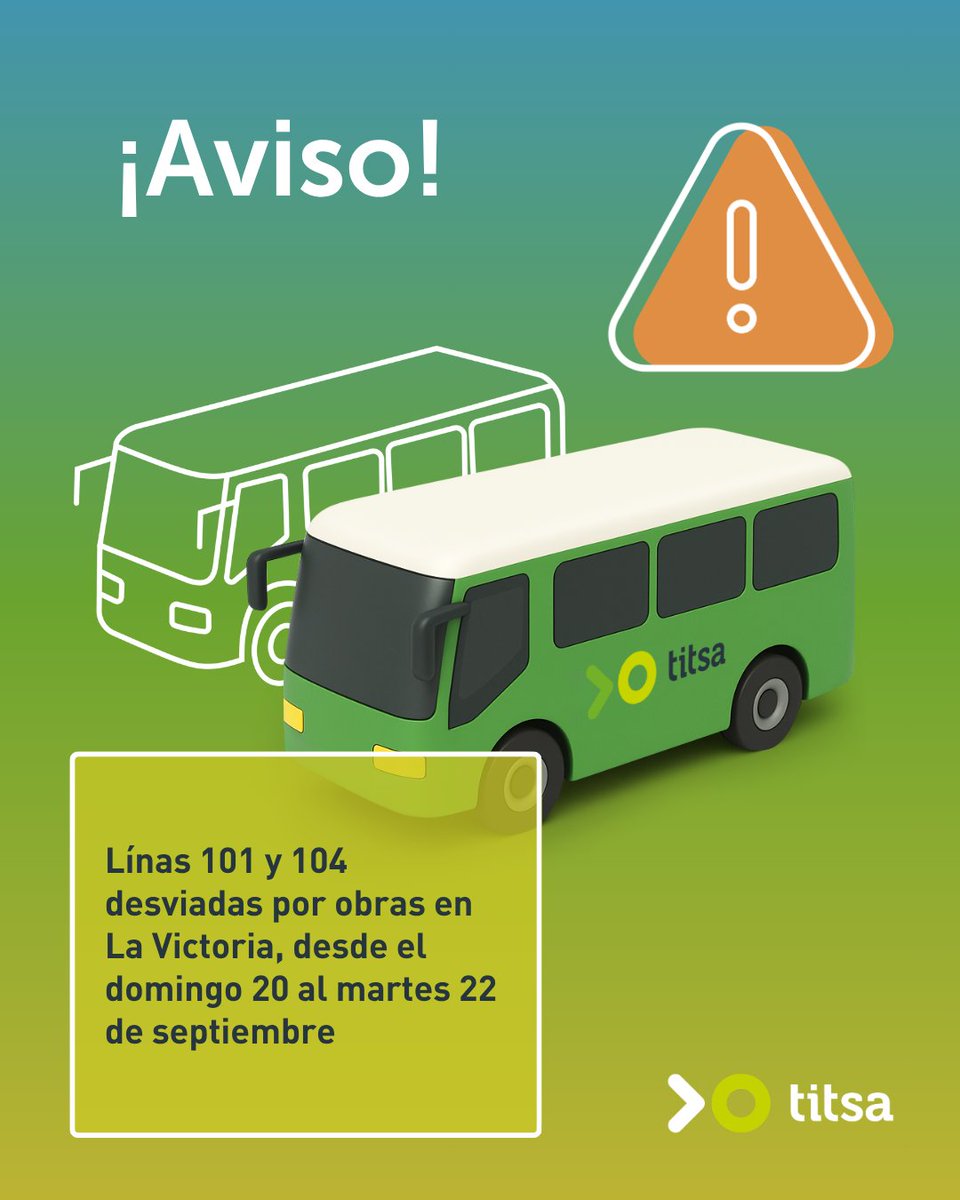 titsa's tweet photo. 📣 Aviso: Las líneas 101 y 104 estarán desviadas desde el domingo, 20 de septiembre, hasta el martes, 22 de septiembre, con motivo de algunas obras en La Victoria.

Toda la información: https://t.co/gbPqCcbWOS https://t.co/XqTxydZwIp
