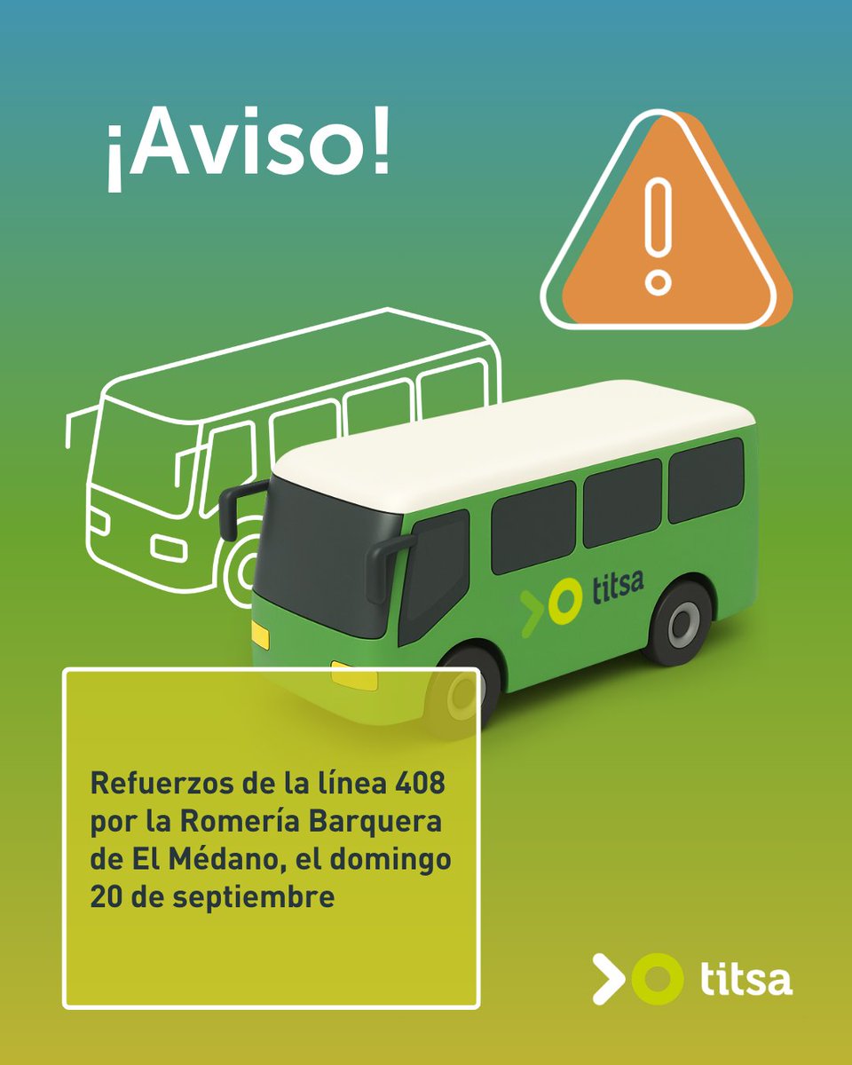 titsa's tweet photo. 📣 Aviso: Con motivo de la romería barquera en El Médano, el próximo domingo 20 de septiembre, la línea 408 contará con algunos refuerzos.

Información completa en https://t.co/ITCxfyEmU3 https://t.co/TSqpq1hzp7