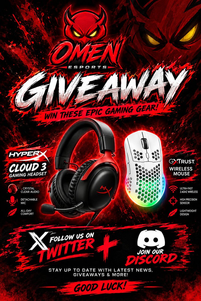 omenesportsorg's tweet photo. 🎁 UK GIVEAWAY! 🎁

Want to win a HyperX Cloud III Gaming Headset AND a GXTRUST Wireless Mouse? 🎧🖱️
How to enter:
1️⃣ Follow @omenesportsorg
2️⃣ Join our Discord: https://t.co/wqXjx53qmE
3️⃣ Retweet &amp; like this post

🇬🇧 UK entrants only.
⏳ Ends 28th October. Good luck! https://t.co/8iKxeghLnG