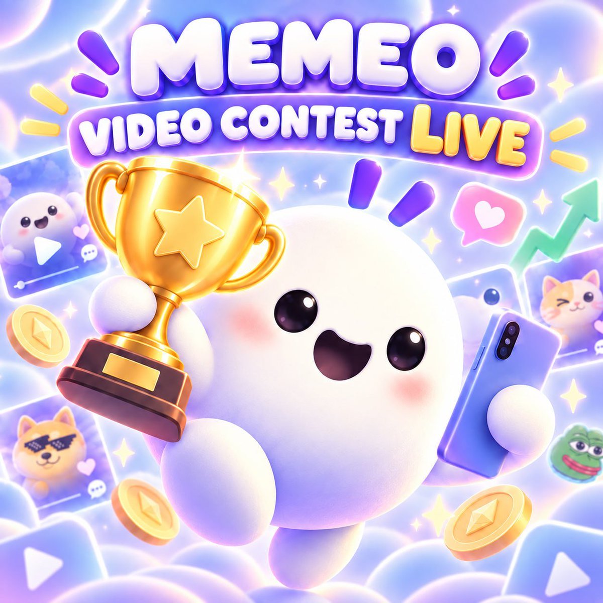 memeo_wtf's tweet photo. MEMEO VIDEO CONTEST IS LIVE:

✅️ Upload a video in the Memeo app: https://t.co/MasB56Yaiu 
✅️ Tag your favorite token in the video  
✅️ Tweet it on your X profile:
��� drop the Memeo post link 
• mention @memeo_wtf
 
🏆 PRIZES:
1st $100 
2nd $50 
3rd $25  

Best video + most engagement wins.

#giveaway #win