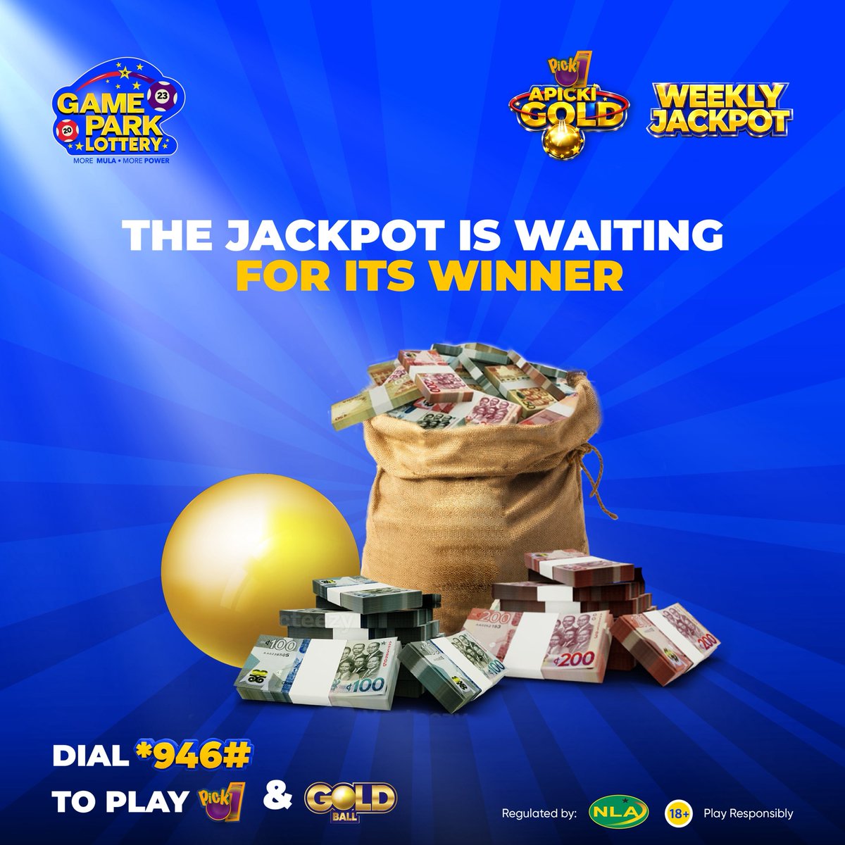 GamePark_GH's tweet photo. Golden light is sweeping in. ✨💰
The Apicki Gold Jackpot is ready to shine on someone this week will it be you?Dial *946# to play Pick 1 + Gold Ball daily and gain a shot at winning Mula and weekly jackpot.
#pick1 #goldball #Apickigold https://t.co/lRMLCzenuN