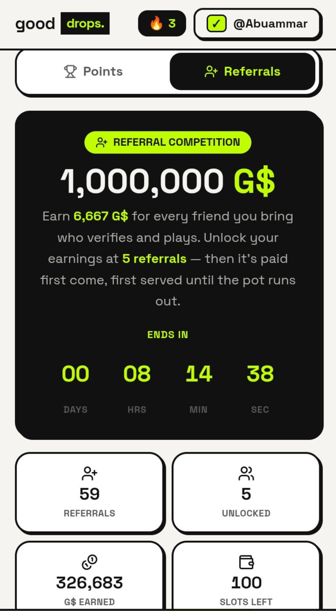 Janderv45's tweet photo. A very late GM CT
8hours to go only 5 of 105 referral pots unlocked
Can you at least bag the five referral reward before it all ends🤷🙎
You can still make it count. Sign up, verify and start creating drops for your referral to complete referrals
@Celo @gooddropss @gooddollarorg https://t.co/6hpQxduSbI
