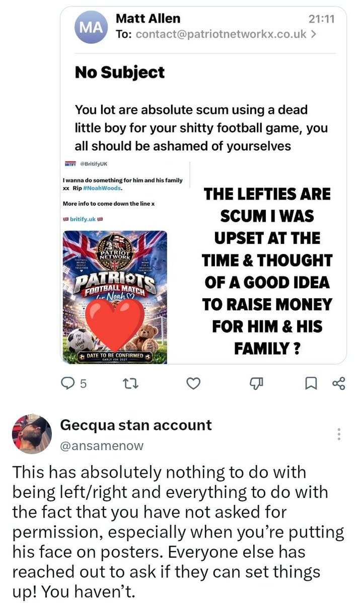 gingerrtom's tweet photo. The account behind the AI poster of Noah was asked by one of his relatives yesterday to take it down.

Instead, they doubled down without apologising, politicised his death and used his passing to attack the left.

Absolutely disgusting! @BritifyUK https://t.co/ODst3GAUuh