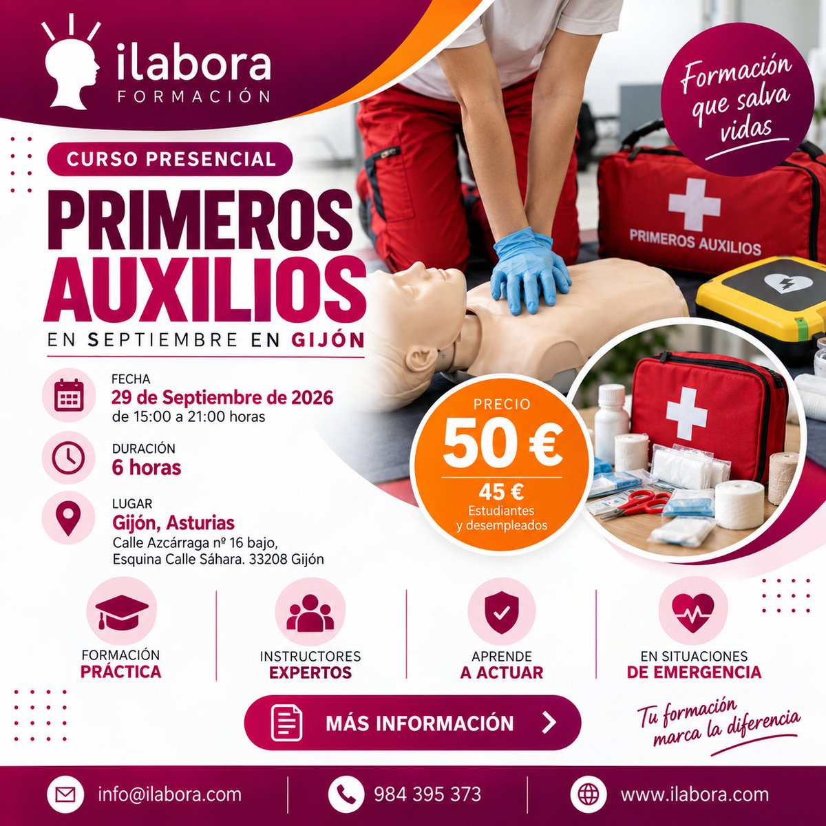 iLabora's tweet photo. Curso presencial de Primeros Auxilios en Gijón.  Aprende a actuar ante emergencias con formación práctica.

📅 29 de septiembre de 2026
⏱️ 6 horas
💶 50 € (45 € estudiantes y desempleados).

¡Inscripciones abiertas!
https://t.co/RmeU9Jsctv https://t.co/4rvgpk4jKR