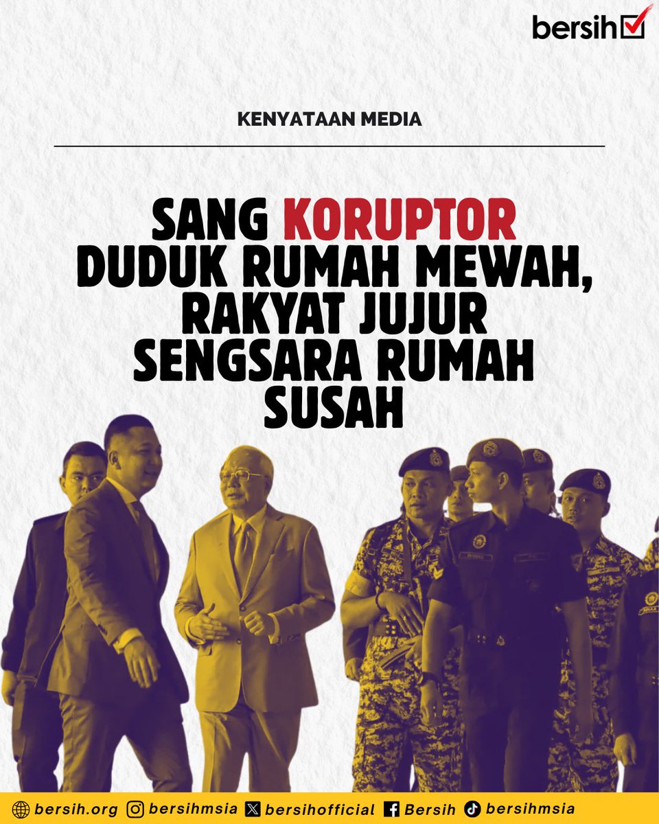 bersihofficial's tweet photo. Kenyataan Media 
18 September 2026

Sang Koruptor Duduk Rumah Mewah, Rakyat Jujur Sengsara Rumah Susah

Gabungan Pilihan Raya Bersih dan Adil (BERSIH) ingin menyatakan kekesalan kami terhadap perkembangan terbaharu pengampunan bekas Perdana Menteri Najib Razak. Dalam perkembangan terkini, Yang di-Pertuan Agong (YDPA) dan Lembaga Pengampunan telah memberikan perkenan kepada Najib Razak untuk menghabiskan baki hukuman beliau di rumah, dengan syarat membayar denda sebanyak RM50 juta dan mematuhi syarat-syarat lain yang tidak dinyatakan. Denda RM50 juta ini juga adalah jumlah yang telah dikurangkan daripada RM210 juta. 

Perkembangan ini sudah tentu memberi tamparan yang maha dahsyat kepada perjuangan menegakkan keadilan dan perang rakyat Malaysia melawan rasuah. Sudah lama rakyat menyatakan kebimbangan terhadap isu rasuah ini, malah YDPA sendiri juga telah bertitah untuk kerajaan memerangi rasuah. Dengan membenarkan Najib Razak menghabiskan baki hukuman dengan berada di rumah, sudah tentu ini akan memberikan mesej yang sangat mengelirukan kepada rakyat. Di satu sisi kita melawan rasuah dan salah guna kuasa, di sisi yang lain mereka yang terpalit dan dijatuhkan hukuman akibat rasuah dan salah guna kuasa pula boleh dibebaskan.

Skandal 1MDB adalah bukti penyelewengan yang sangat besar berlaku yang melibatkan wang rakyat dan kepentingan negara. Berbillion dana rakyat telah hilang dan negara masih menanggung hutang yang besar akibat daripada penyelewengan ini, dan ini menjadi sejarah hitam kepada negara kita. Bahkan kes ini menjadi bualan di seluruh dunia. Apatah lagi kelonggaran ini diberikan tanpa rakyat dimaklumkan, bahkan ditanya, sekiranya rakyat bersetuju untuk beliau diampunkan dan diberikan status sebagai tahanan rumah. Pengampunan ini juga diberikan ketika Najib Razak dijatuhkan hukuman penjara 15 tahun dan denda RM11.38 billion dalam kes 1MDB, di mana beliau sedang merayu di Mahkamah Rayuan.

Sekiranya hari ini Najib diampunkan, diberikan kelonggaran tahanan rumah di rumah beliau yang sudah tentu lebih luas dan mewah daripada rakyat biasa, adakah selepas ini jika bekas-bekas PM yang didakwa dan dijatuhkan hukuman bersalah kerana rasuah dan salah guna kuasa akan terus diampunkan menggunakan duluan Najib ini? Siapakah perasuah yang akan dibebaskan dan diampunkan pula selepas ini? 

BERSIH bersama-sama rakan masyarakat sivil, gerakan anak muda dan mahasiswa akan mengadakan mesyuarat tergempar dalam masa terdekat bagi mengisytiharkan tindakan kami selepas ini. Tindakan masyarakat sivil dan rakyat, yang tidak bersetuju dengan keputusan terhadap Najib Razak tidak wajar dilihat sebagai suara yang melecehkan keputusan YDPA atau ingin derhaka kepada YDPA. Keputusan tanpa ada sebarang penjelasan yang jelas dan syarat yang boleh diterima, akan menyukarkan rakyat untuk menerima bahawa sang perasuah akan boleh lena dikatil yang empuk dan rumah yang selesa.

Dikala aktivis yang memperjuangkan dan melawan rasuah dibekukan akaun dan disekat pergerakan mereka, yang rasuah dan salah guna kuasa pula diberikan diskaun dan pengampunan. Hanya satu kata daripada rakyat; LAWAN!

Dikeluarkan oleh:
Jawatankuasa Pemandu BERSIH