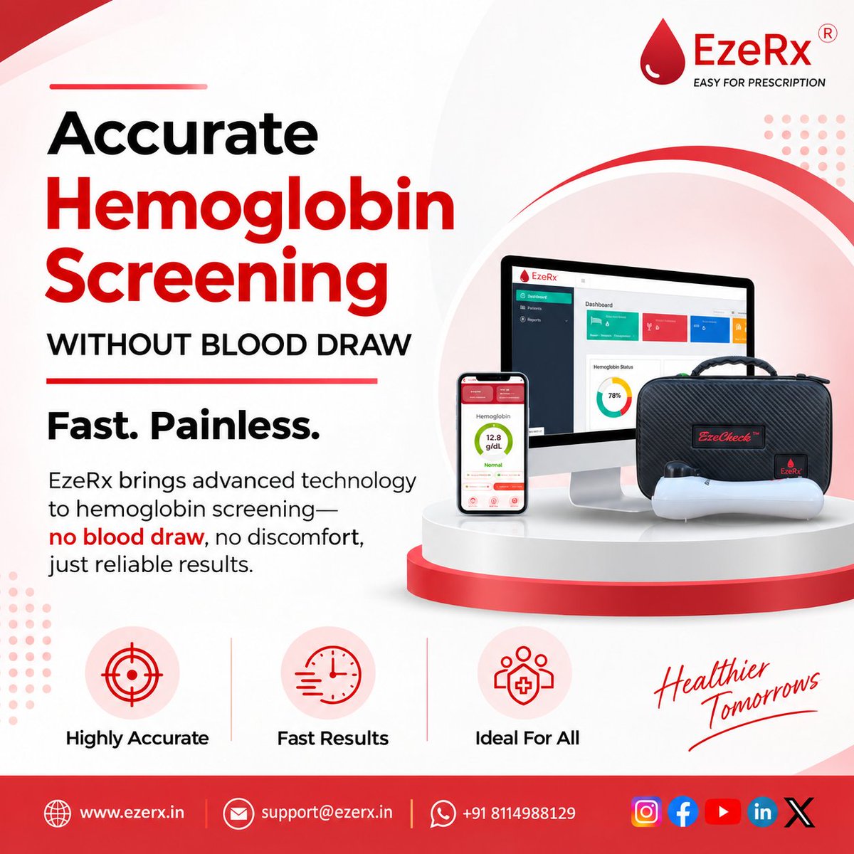EzeRx_official's tweet photo. Technology that makes health screening simpler.
EzeRx is bringing innovation to hemoglobin screening with EzeCheck — enabling fast, painless hemoglobin screening without a blood draw.
#EzeRx #EzeCheck #HealthTech #HealthcareInnovation https://t.co/8ZV2oMdkil
