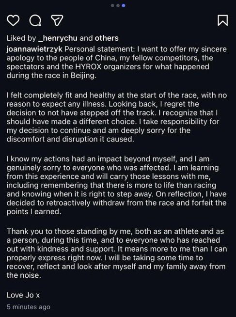 Visionaryvoid's tweet photo. Joanna Wietrzyk apologized after soiling herself during a race in Beijing.

Puma reportedly cancelled her clothing sponsorship after the incident.

But honestly? It’s completely okay.

Athletes push their bodies to the absolute limit. Sometimes the body does things you simply cannot control.

She showed up.
She competed.
She gave everything she had.

One embarrassing moment doesn’t erase an athlete’s dedication, discipline or achievements.

Bodies aren’t machines. Even elite athletes have human moments.

There is nothing shameful about that.