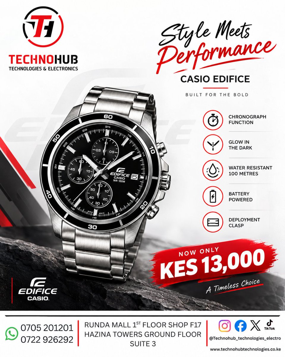 technohubtech's tweet photo. ⌚ Elevate your style with the Casio Edifice — bold design, precision, and performance in one timepiece.
🔥 Now only KES 13,000!
📍 TechnoHub Technologies
#CasioEdifice #TechnoHub #Watches https://t.co/7RdAW0bBVc