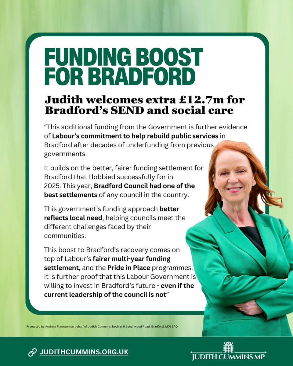 JudithCummins's tweet photo. More welcome funding for Bradford to support Special Educational Needs and Disabilities over the next two years. https://t.co/zLUYkvb8CQ